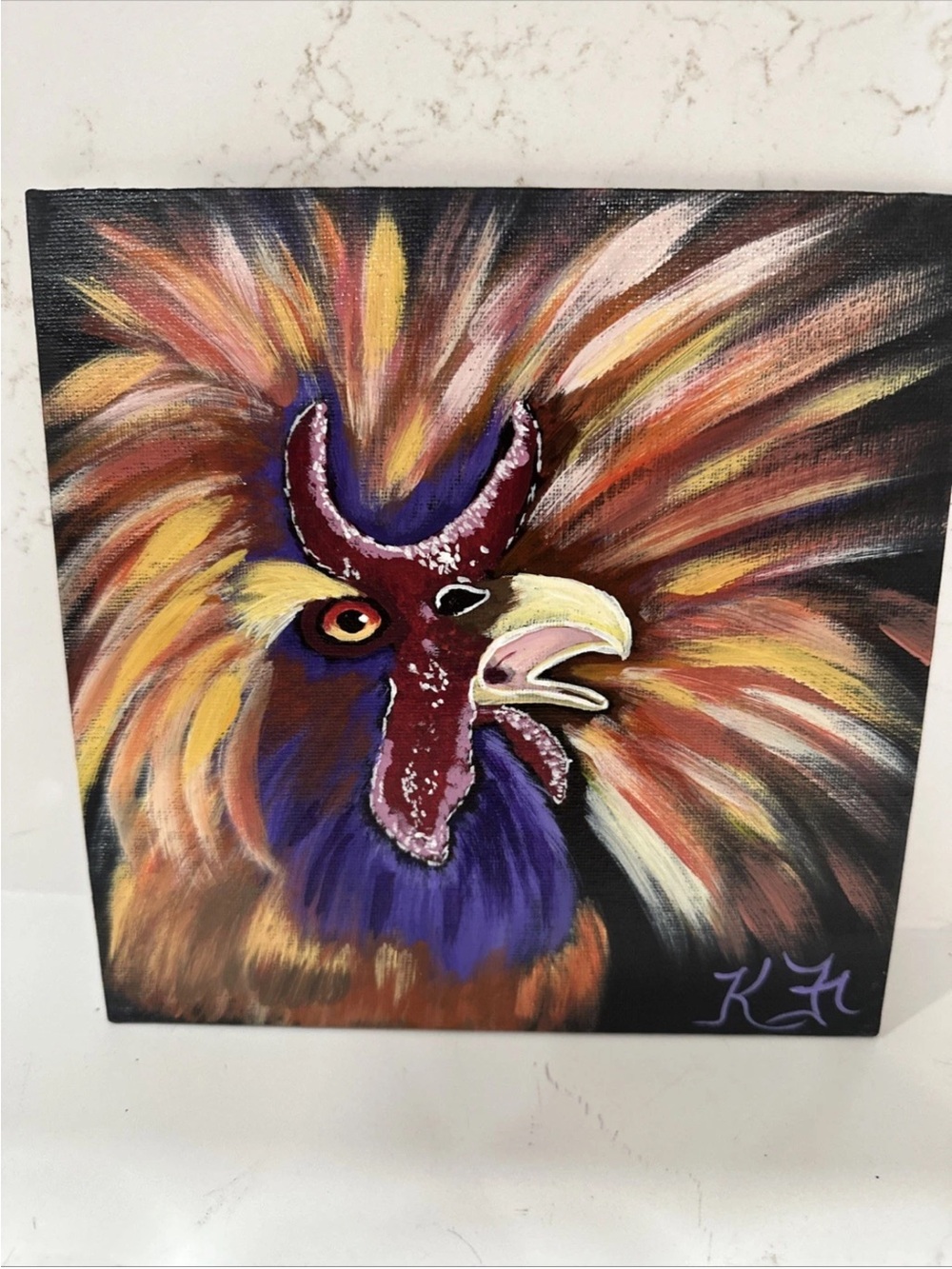 8” X 8” Painting On Thin Canvas Panel Titled “Colorful Rooster” By Kinda Freeman